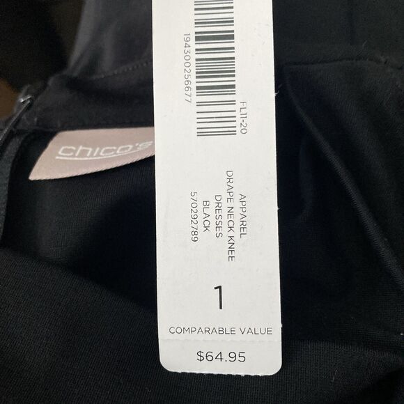 Chicos Drape Neck Dress SIZE 1 SMALL Black Faux Wrap Sleeveless Travel Resort - Picture 7 of 13